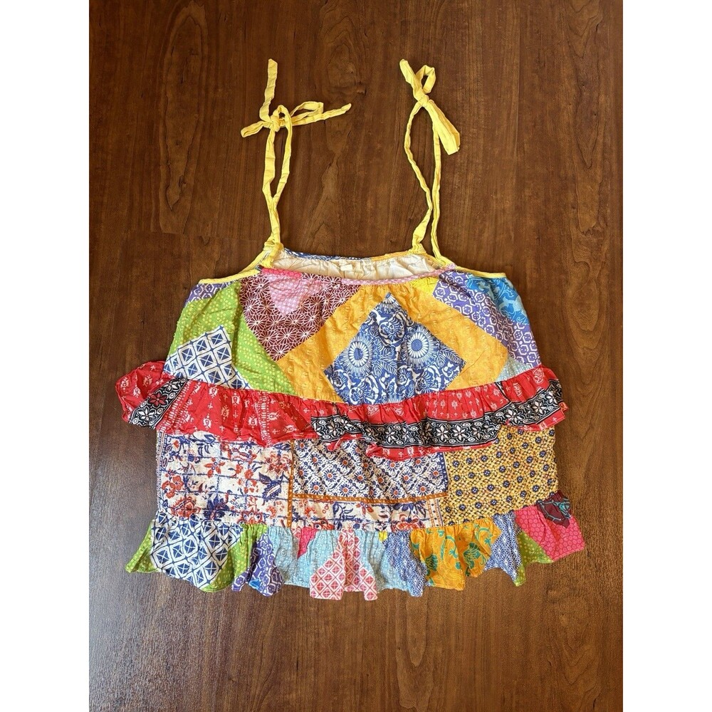 Anthropologie Let Me Be Ruffled Patchwork Tank Top 8 Tie Straps Boho Summer